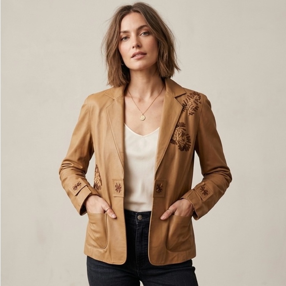 Vintage Y2K 100% Leather Blazer Jacket Small Tan NWT AK Anne Klein Boho Womens